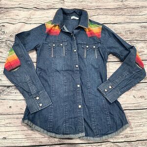 Tasha Polizzi Snap Front Denim Shirt Rainbow Patches Size Small Western Boho